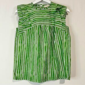 Loft Women’s Ruffle Sleeve Striped Blouse Green White Size XS NWT Workwear Girly